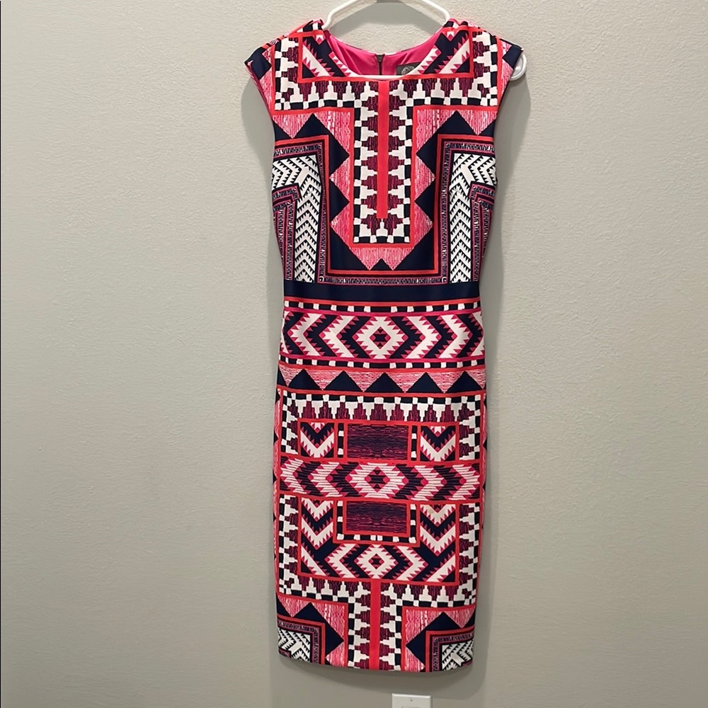Vince Camuto Navy, Pink and White Sheath Dress Sleeveless Crew Neck Midi Size 4